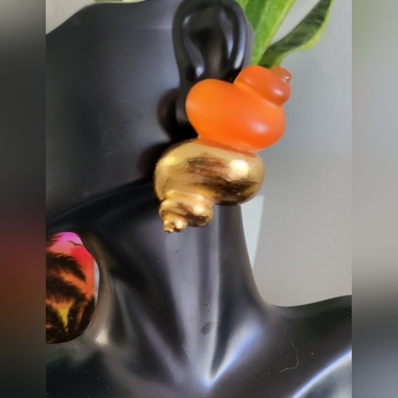 Vintage Designer-Orange and Gold Conch Earrings, by Christian Dior-2 " L X 1-1/4 - Picture 2 of 16